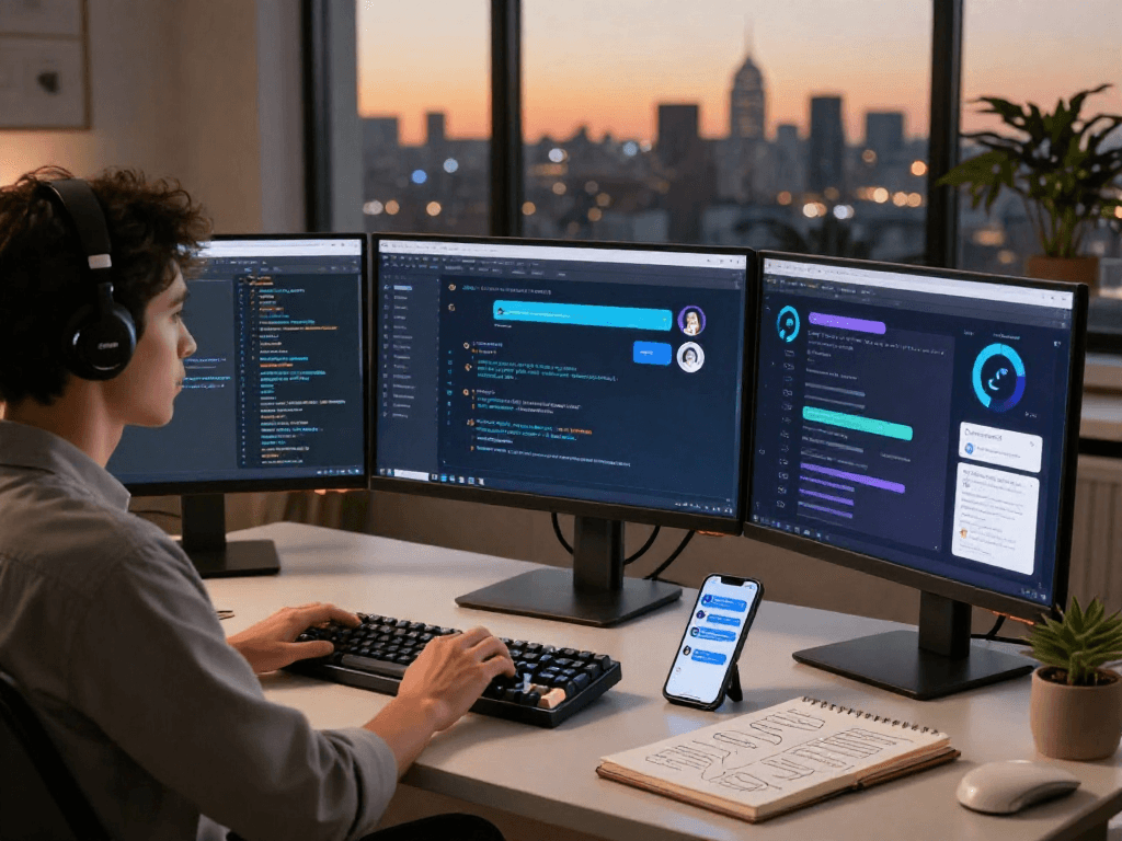 AI chat NSFW development workspace with vibrant chat interfaces and programming code, showcasing an engaging tech atmosphere.
