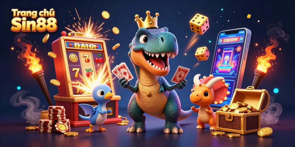 Join the fun at Trang chủ Sin88 with a T-Rex shuffling cards and a treasure-filled slot machine.