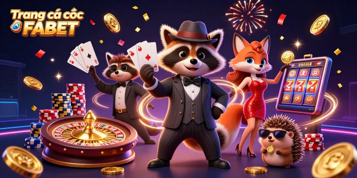 Experience excitement with Trang cá cược FABET featuring a raccoon, fox, and hedgehog in a vibrant casino scene.