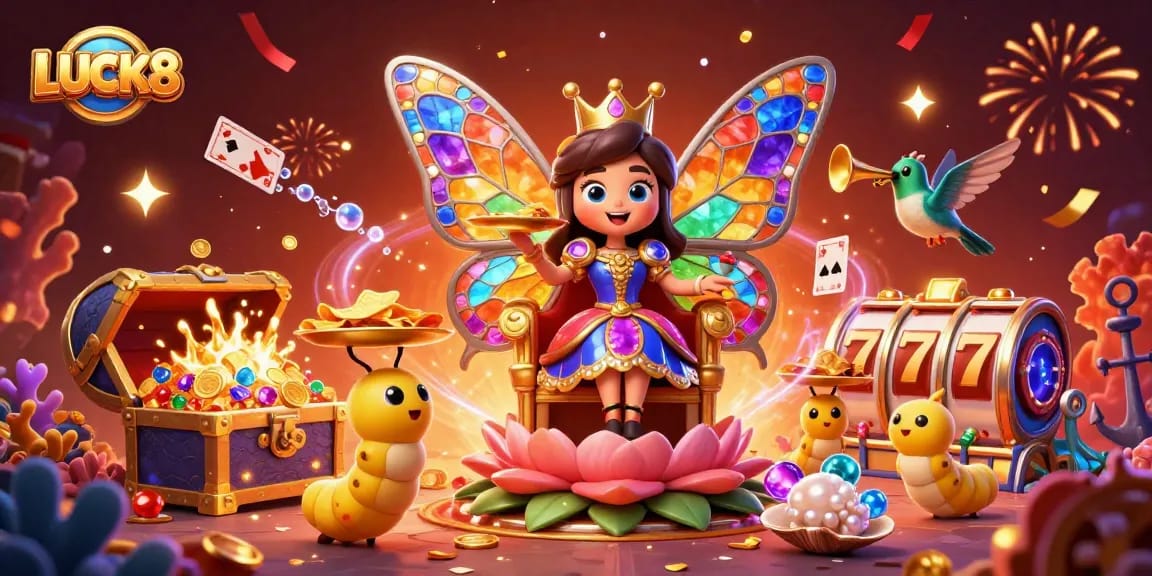 Engage with LUCK8's vibrant casino atmosphere featuring a butterfly queen with stained-glass wings and gaming elements.