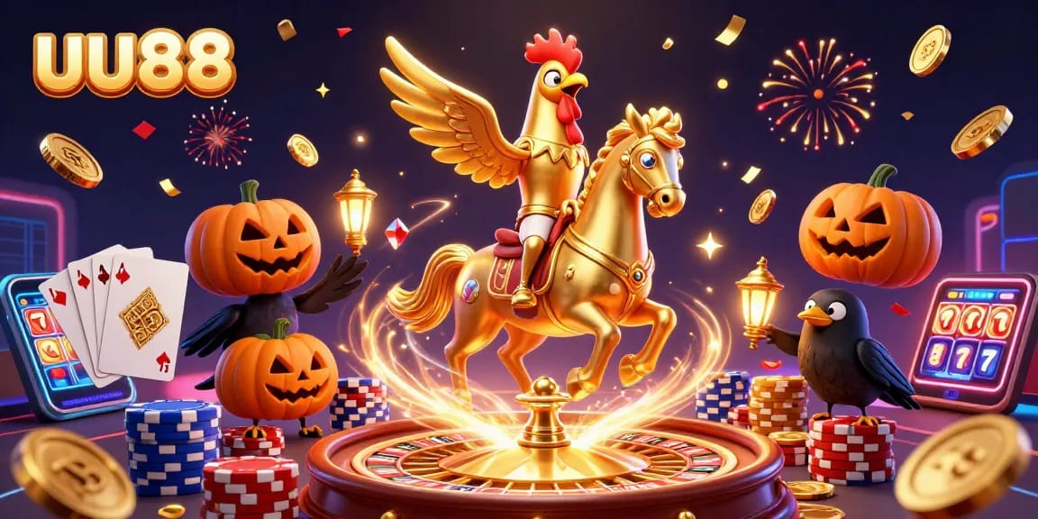 Experience exhilarating wins at uu88 with a vibrant casino scene featuring golden rooster characters and dynamic gaming elements.