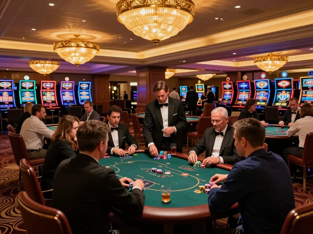 Players enjoying a high-stakes game at jun88 casino with vibrant atmosphere and professional dealers.