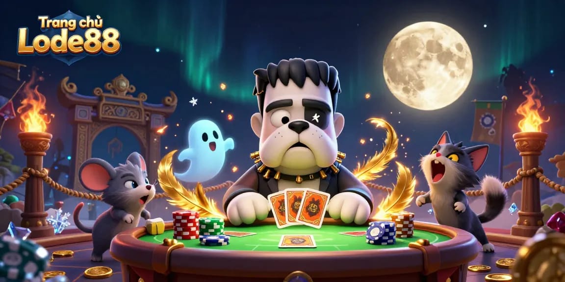 Engage in thrilling play at Trang chủ Lode88 with a vibrant 3D illustration featuring animated casino characters.