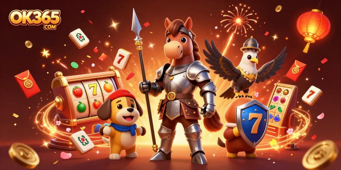 Spin to win at OK365 COM with 3D characters amidst a vibrant casino scene featuring slots and festive elements.