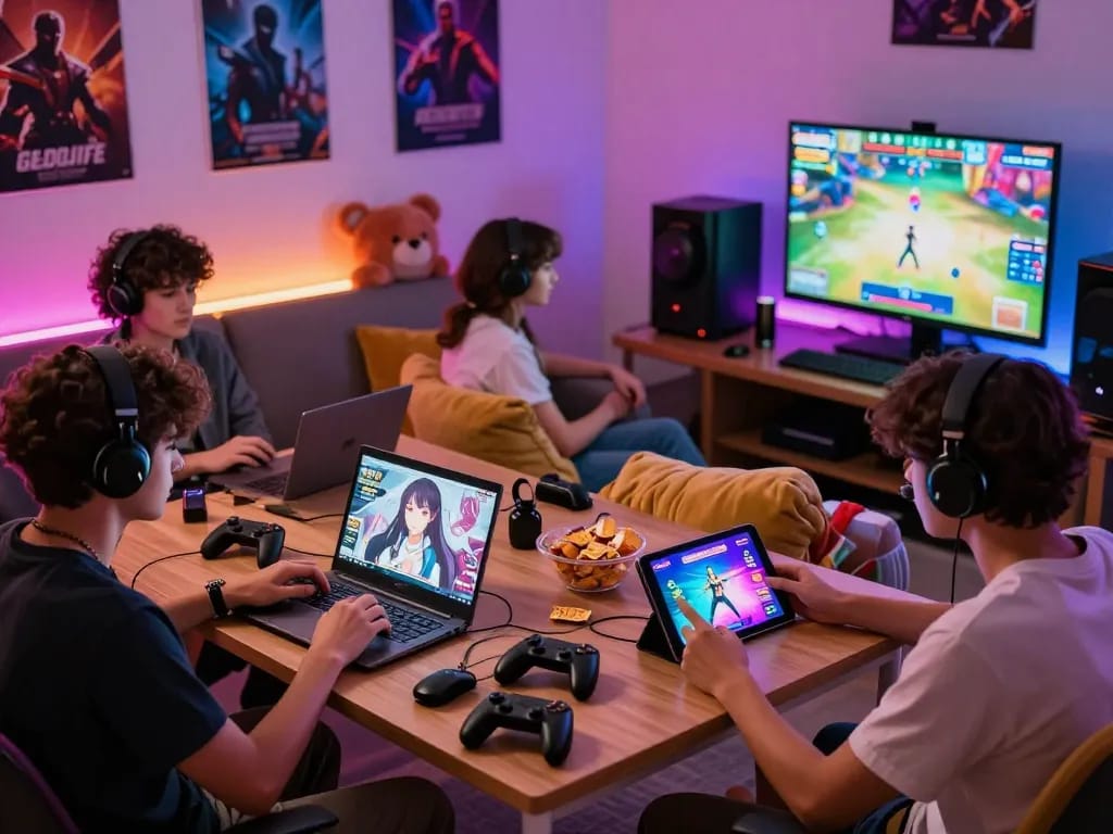 Group of friends enjoying lewdspot interactive gaming night with various devices.