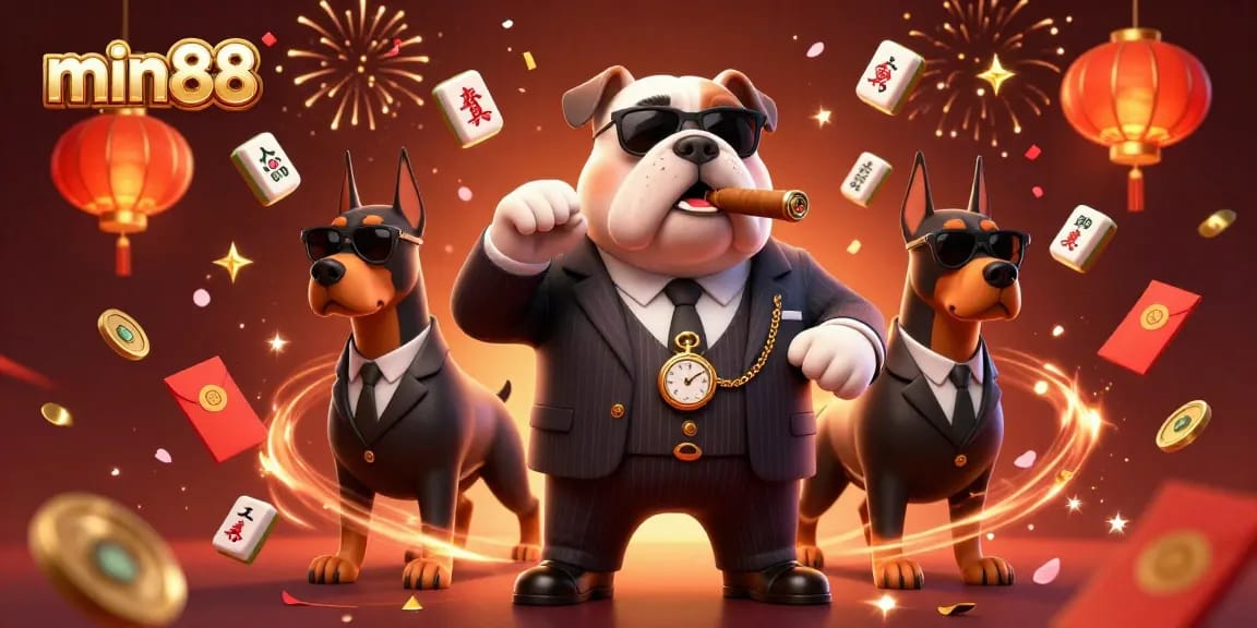Experience thrilling gameplay with min88's animated casino scene featuring a cartoon bulldog and rich elements.
