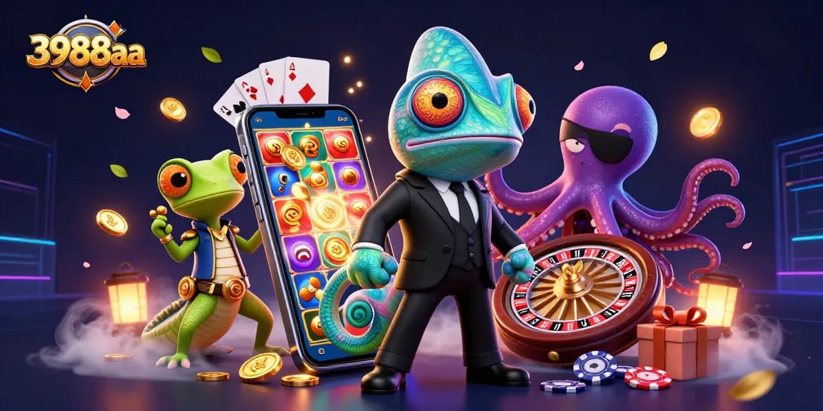 Experience thrilling gaming action with 3988aa's vibrant slot reels and engaging characters in this illustration.