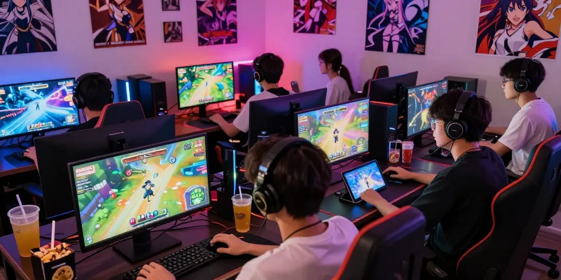 Engaged players enjoying online ecchi games in a colorful gaming setup.