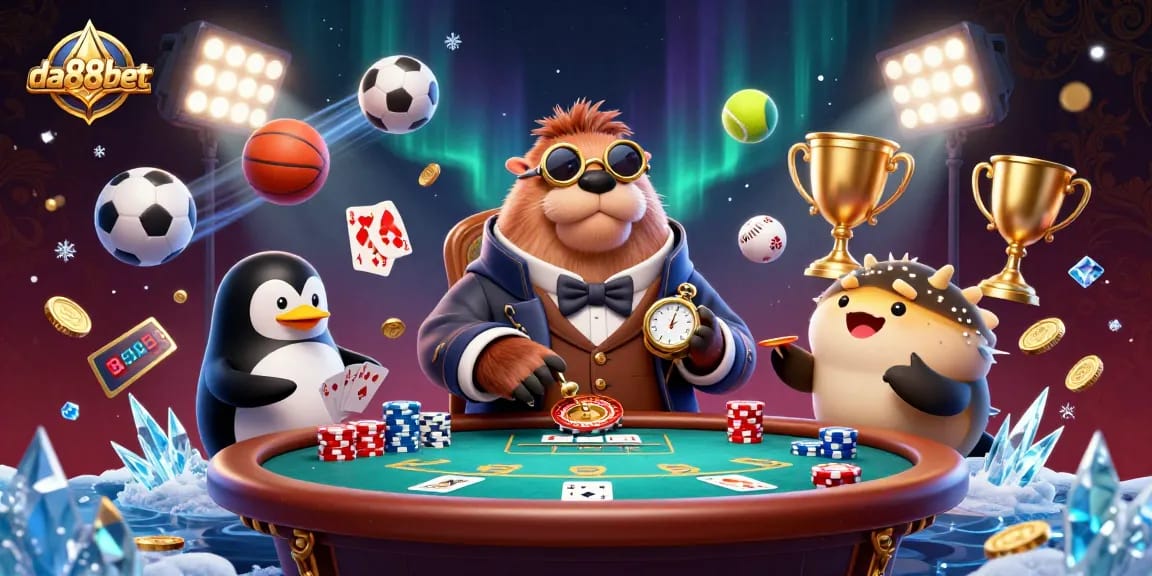Engage with da88bet players at an underwater casino poker scene featuring vibrant characters and gaming elements.