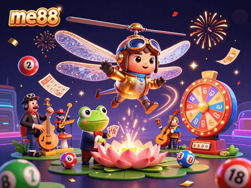 Experience the exciting world of me88 with interactive games and vibrant casino elements in a festive visual.
