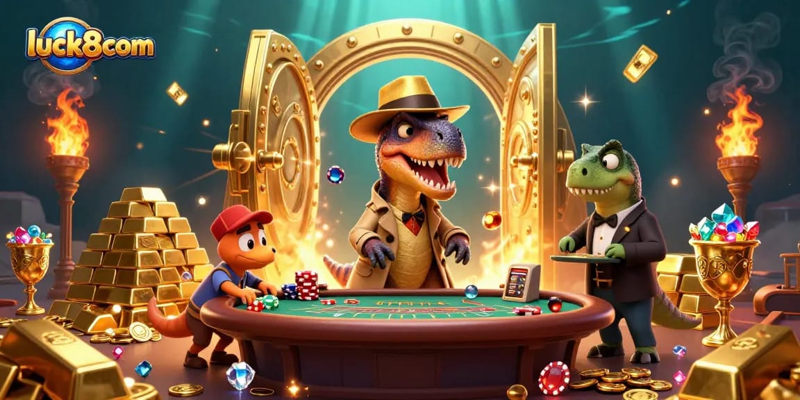Experience thrilling gaming with luck8com's vibrant casino scene featuring a clever velociraptor and friends.