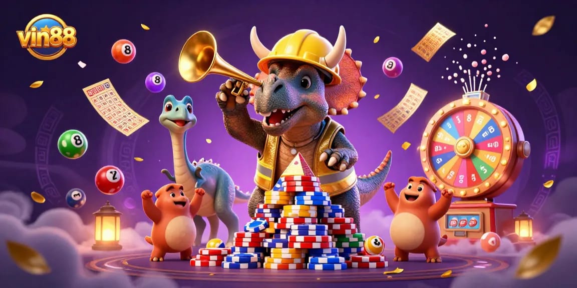 Join the fun with vin88 while a triceratops builds a poker chip pyramid amid vibrant gaming elements.