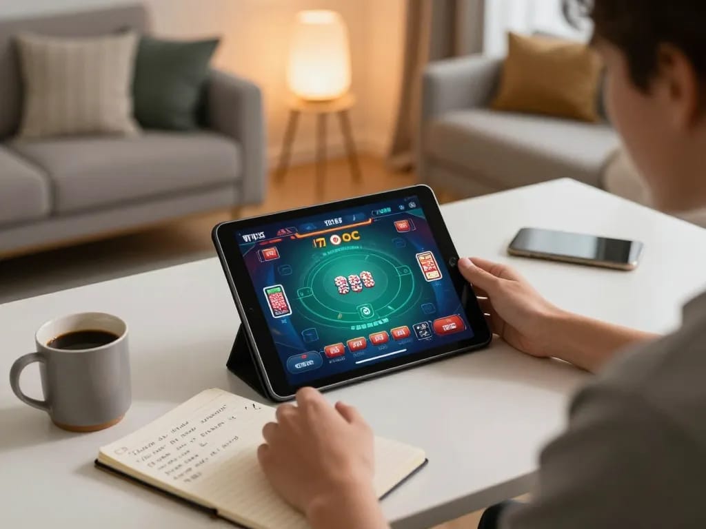 Engaging in strategic online poker at home with 77LOC, tablet showing vibrant gameplay and notes.