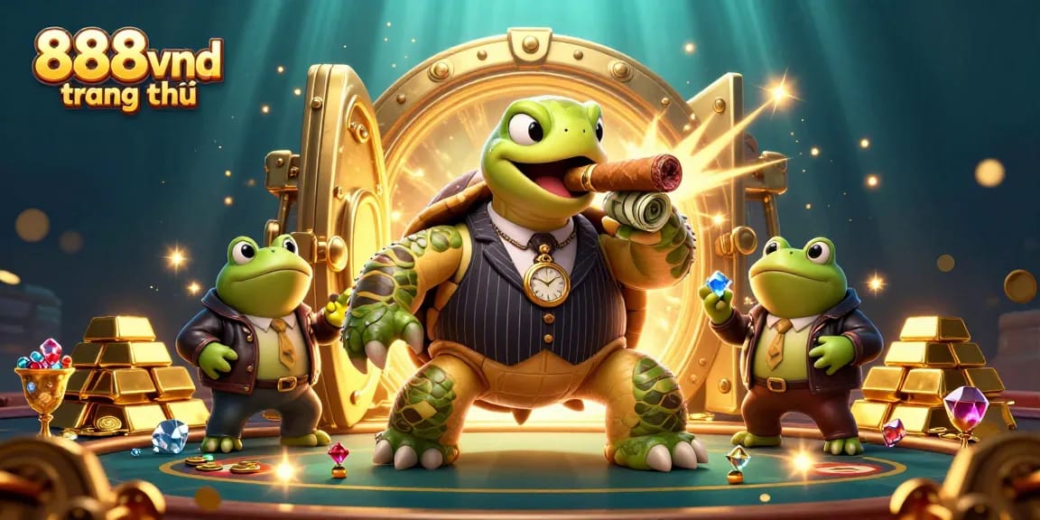 Experience excitement and treasures at 888vnd trang chủ with a dynamic casino scene featuring a turtle in mobster attire.