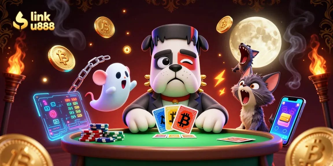 Engage with link u888 as a cartoon Frankenstein bulldog deals cards in a vibrant casino setting.