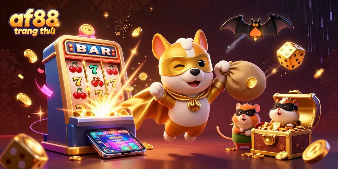 Join the adventure at af88 trang chủ, where a superhero dog and hamster celebrate wins with gold coins amid casino excitement!
