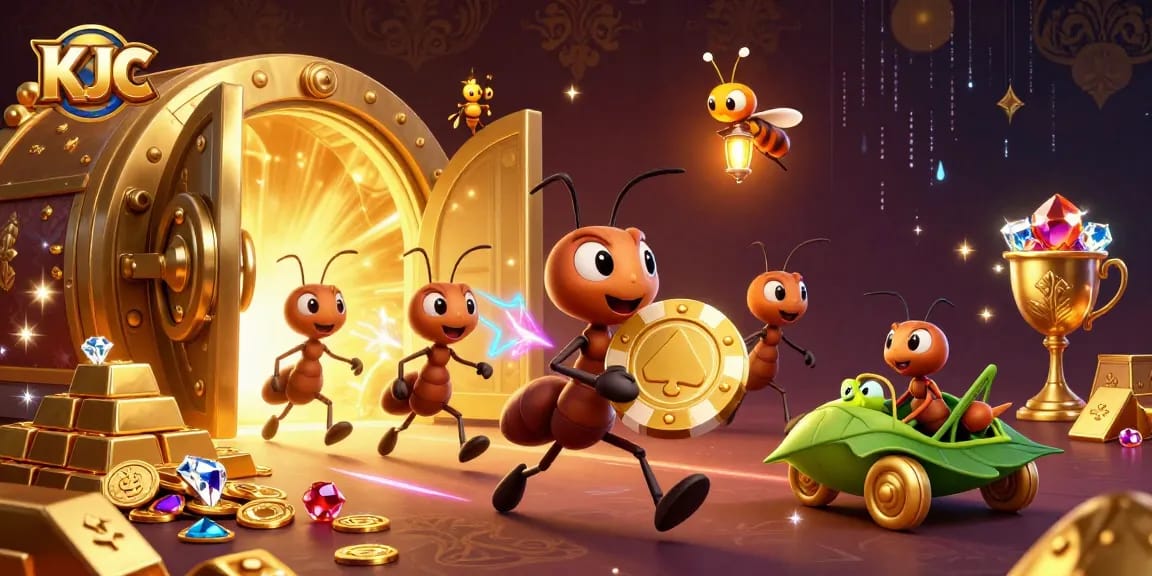 KJC's thrilling heist scene featuring animated ants carrying a giant poker chip surrounded by gold treasures