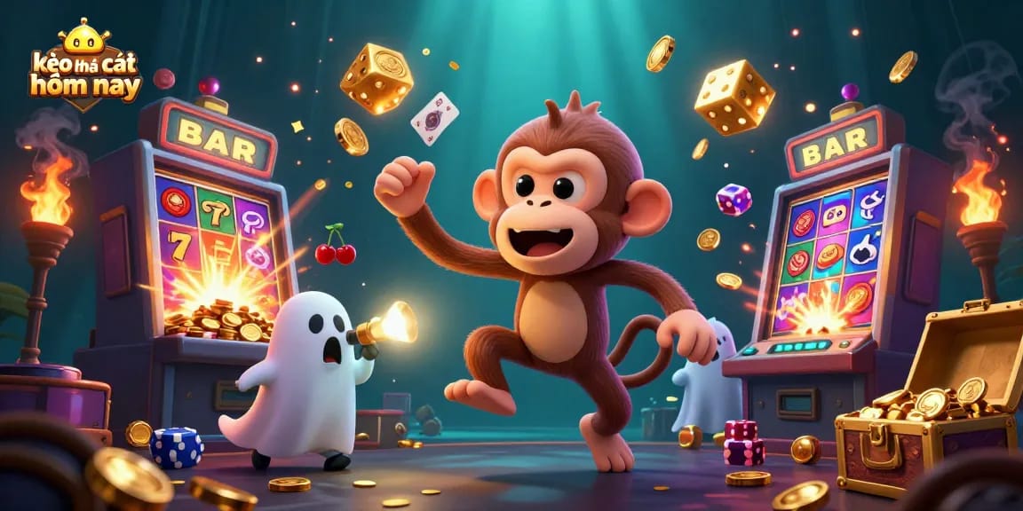 Experience kèo nhà cái hôm nay with a fun scene of a ghost-hunter puppy chasing a playful poltergeist monkey.