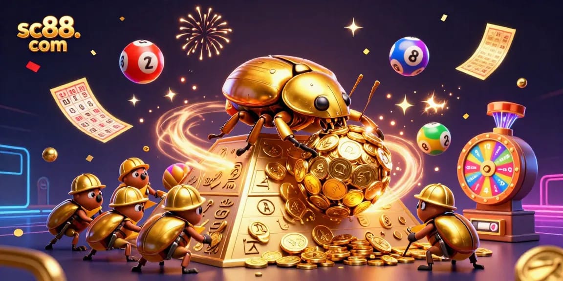 Experience thrilling games at sc88. com with dynamic lottery balls and golden prizes bursting around cheerful beetles.