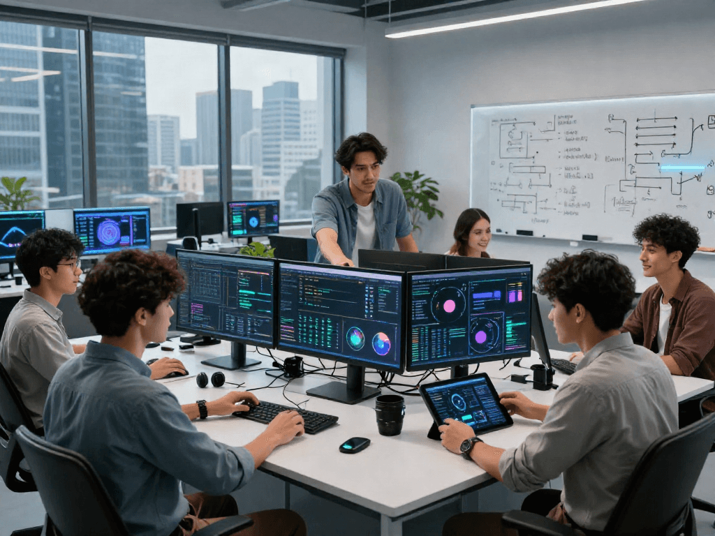 A diverse team in an AI software development lab showcases 18+ ai innovations with collaborative technology.