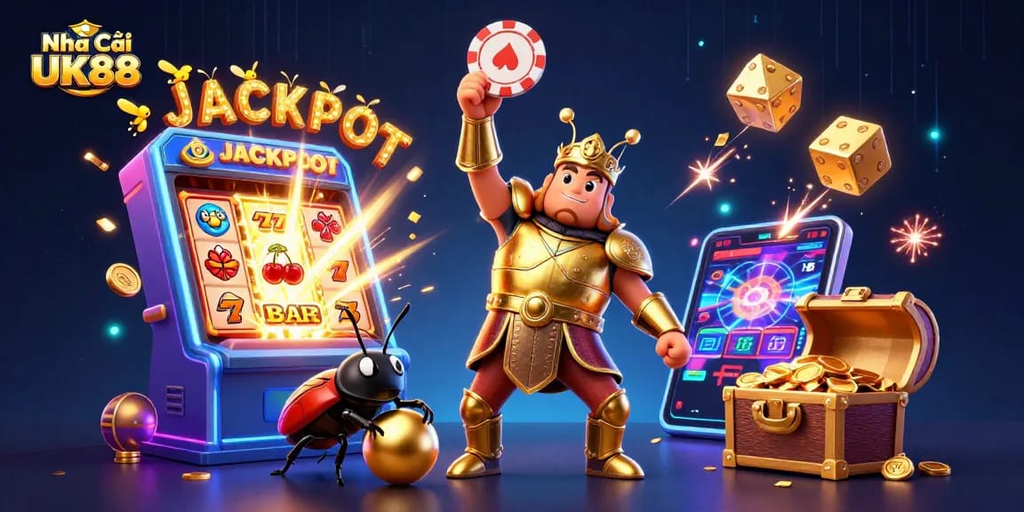 Engaging scene with Nhà Cái UK88 highlighted, featuring a victorious beetle and casino elements.