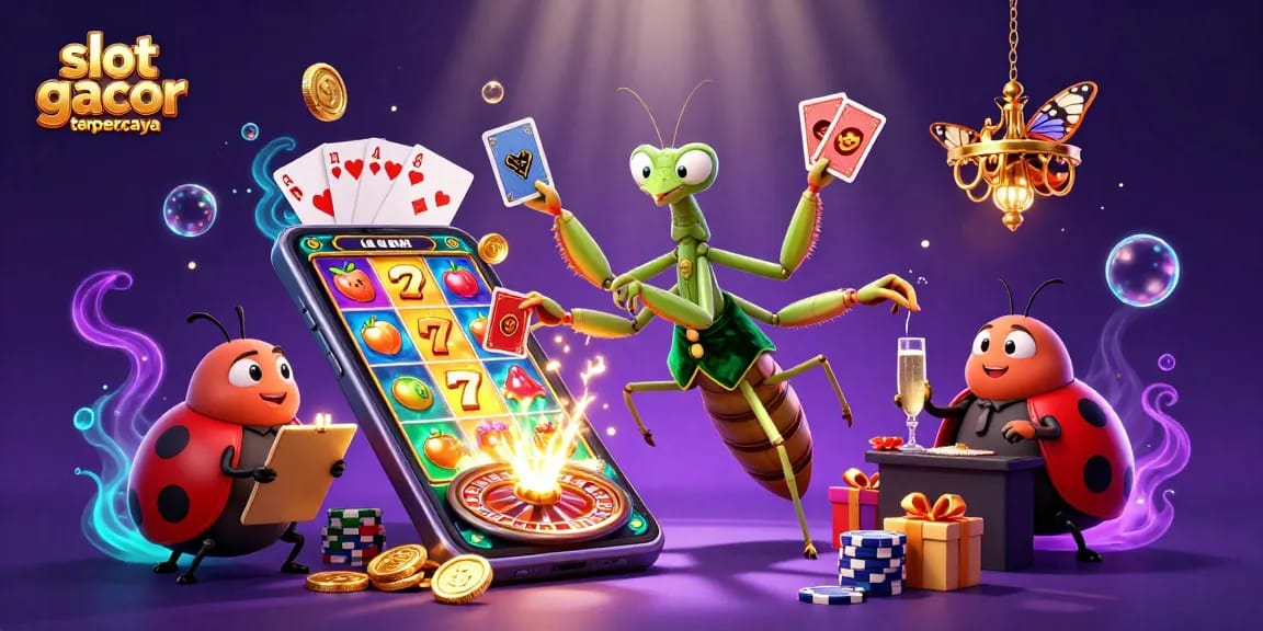 Engaging illustration of slot gacor terpercaya featuring a giant praying mantis and ladybug pit boss with enticing game elements like spinning slot reels.