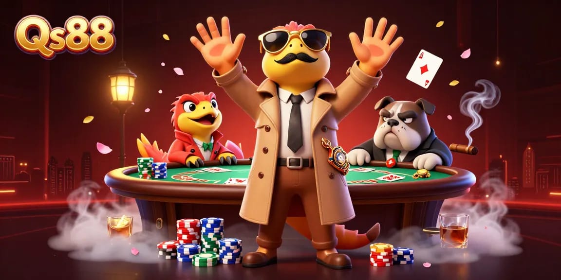 Experience the excitement at Qs88 with raptors in a trench coat attempting to enter a VIP lounge in this fun casino scene.
