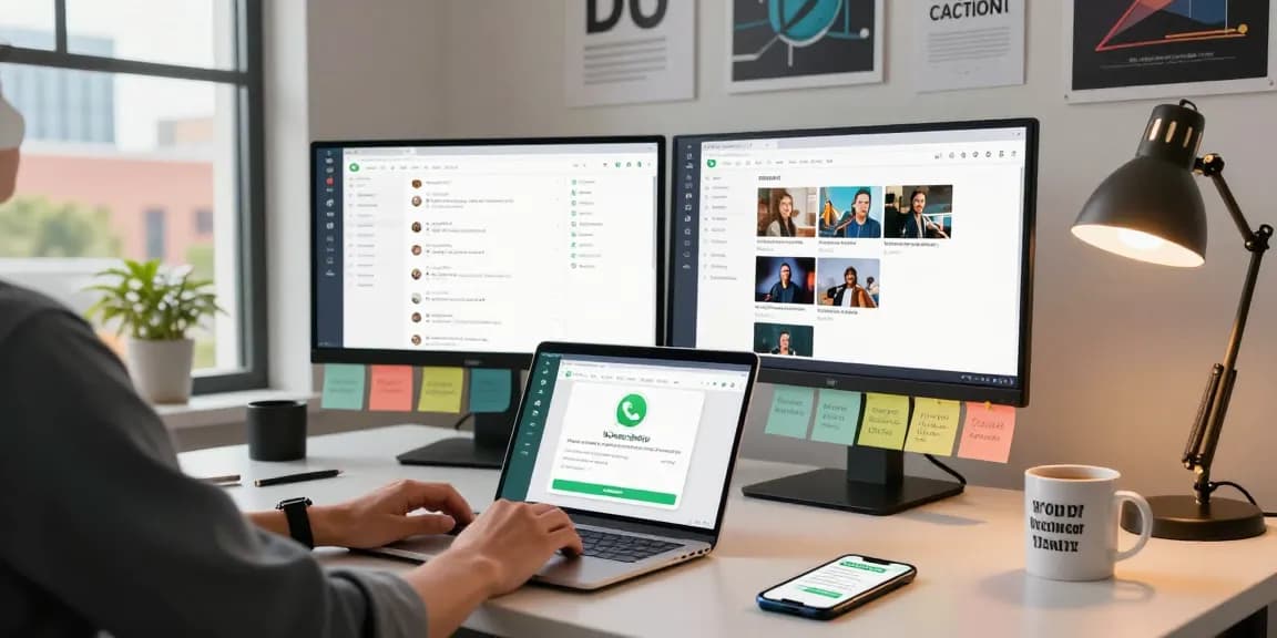 Engaged individual using WhatsApp電腦版 in a modern workspace with dual monitors and vibrant atmosphere.