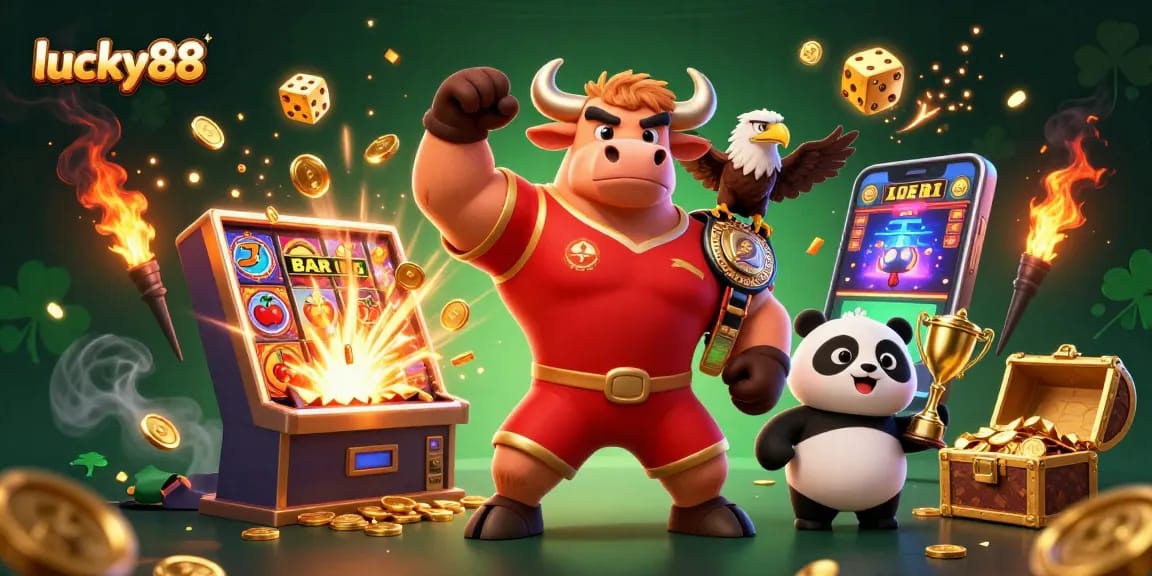 Experience the thrill of lucky88 with a victory pose bull, eagle, and panda at a jackpot casino scene.