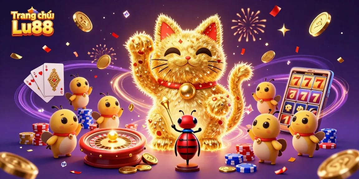 Engage with Trang chủ Lu88's vibrant 3D casino illustration featuring luck-enhancing symbols.