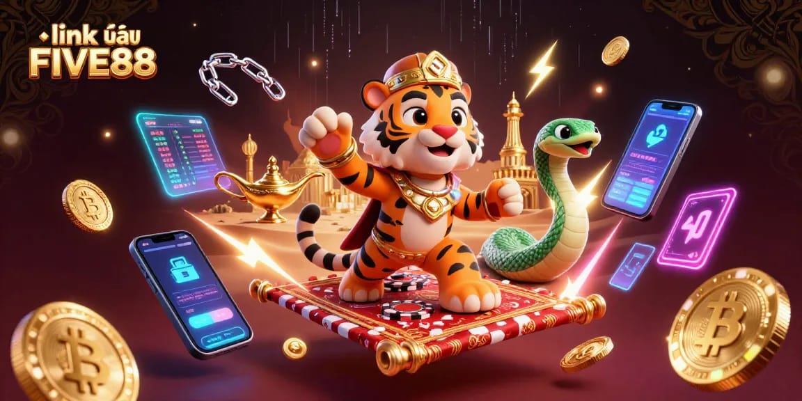 Engage with online gaming at link vào FIVE88, featuring a vibrant casino experience and magical Arabian themed elements.