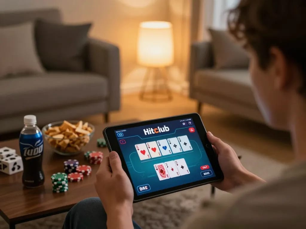 Player engaging with poker game on Hitclub app in cozy home setting, surrounded by snacks and warm lighting.