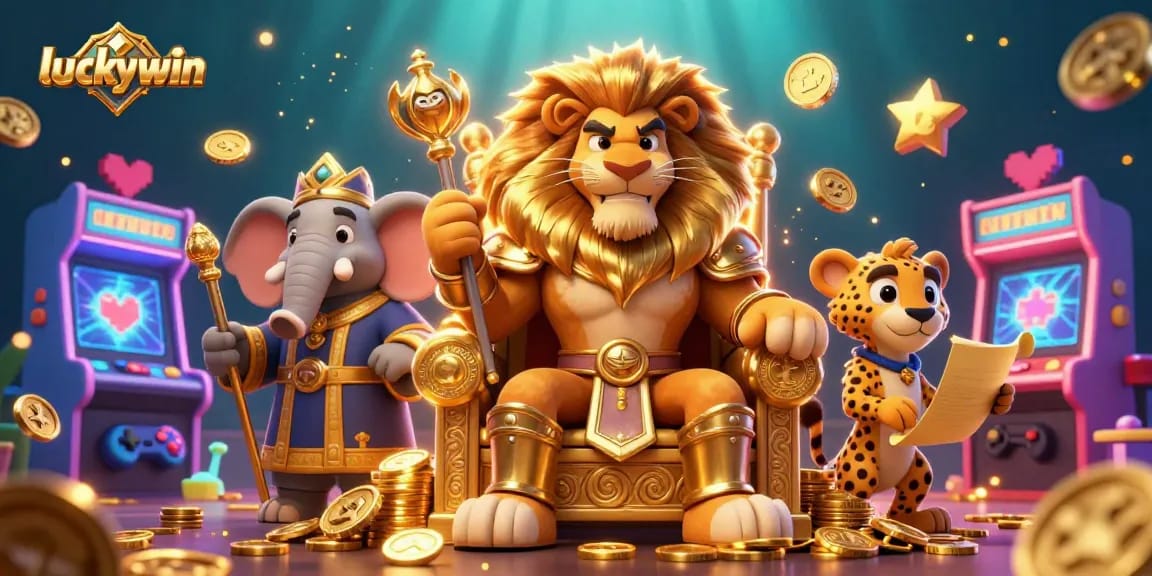 Experience thrilling gaming at luckywin with a vibrant scene featuring a fierce lion king, wise advisor, and cheetah messenger.