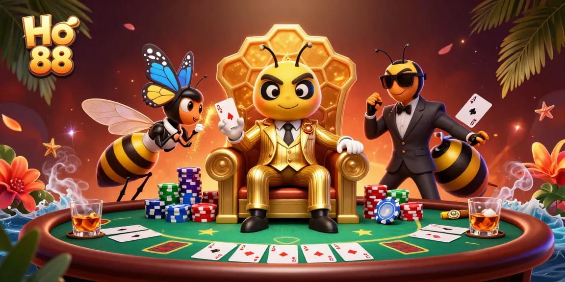 Engage with Ho 88's vibrant casino atmosphere featuring a cartoon mob boss and action-packed poker game.
