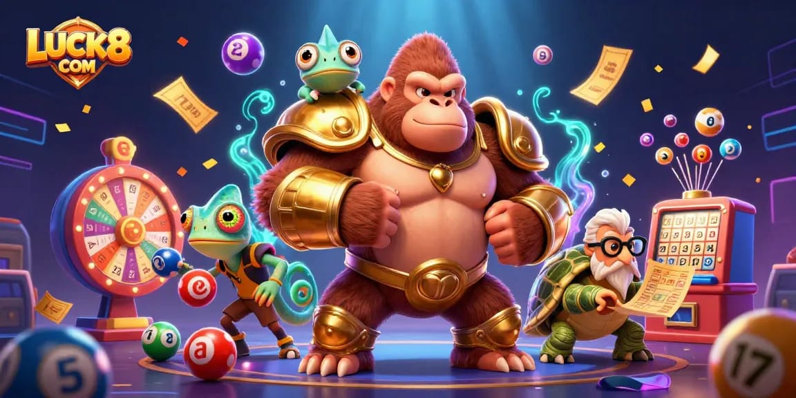 Experience LUCK8 COM fun with an exciting 3D illustration featuring a powerful gorilla king, chameleon spy, and ancient tortoise.