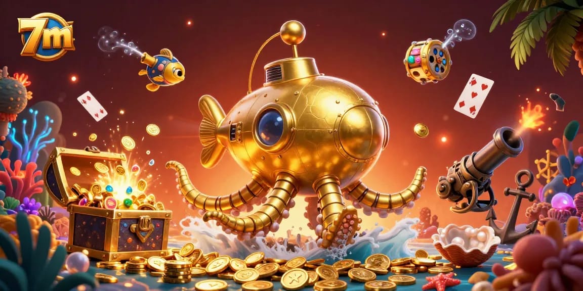 Engage with thrilling 7m gambling stats as the kraken submarine reveals treasures amidst floating slot reels.