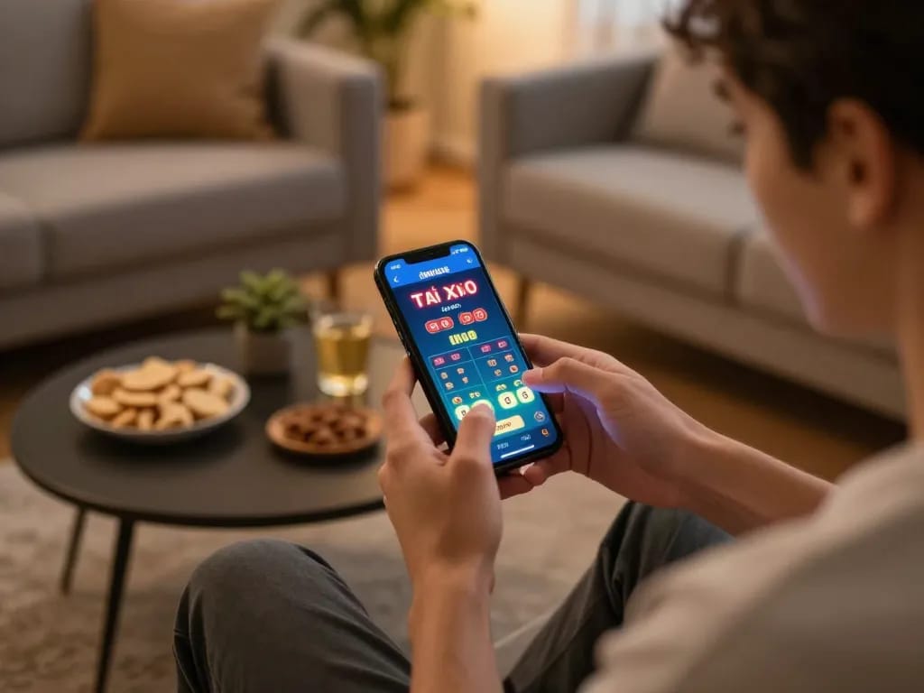 Playing app tài xỉu online uy tín on a smartphone in a cozy living room setup, engaging and relaxing gaming experience.