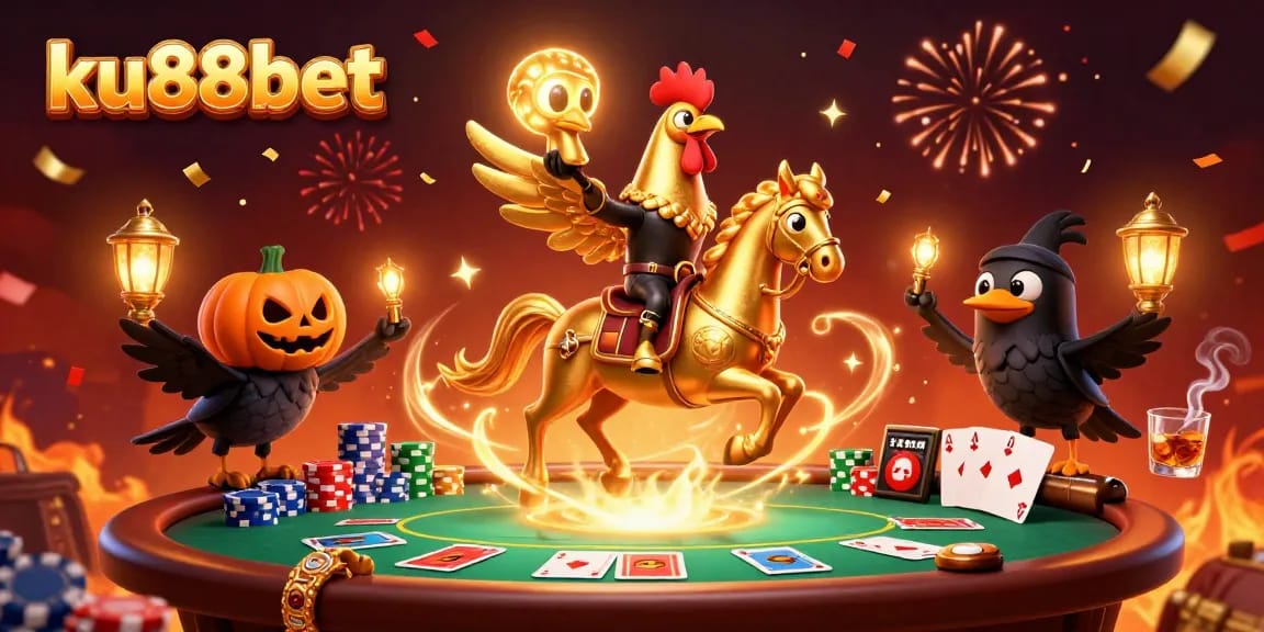 Engage with ku88bet's vibrant gaming scene featuring a golden rooster amidst exciting casino elements.