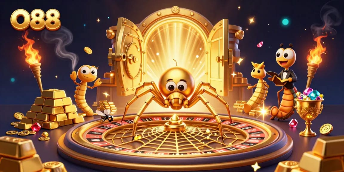 Experience thrilling gameplay at O88, where a fly places bets at a captivating roulette wheel web.