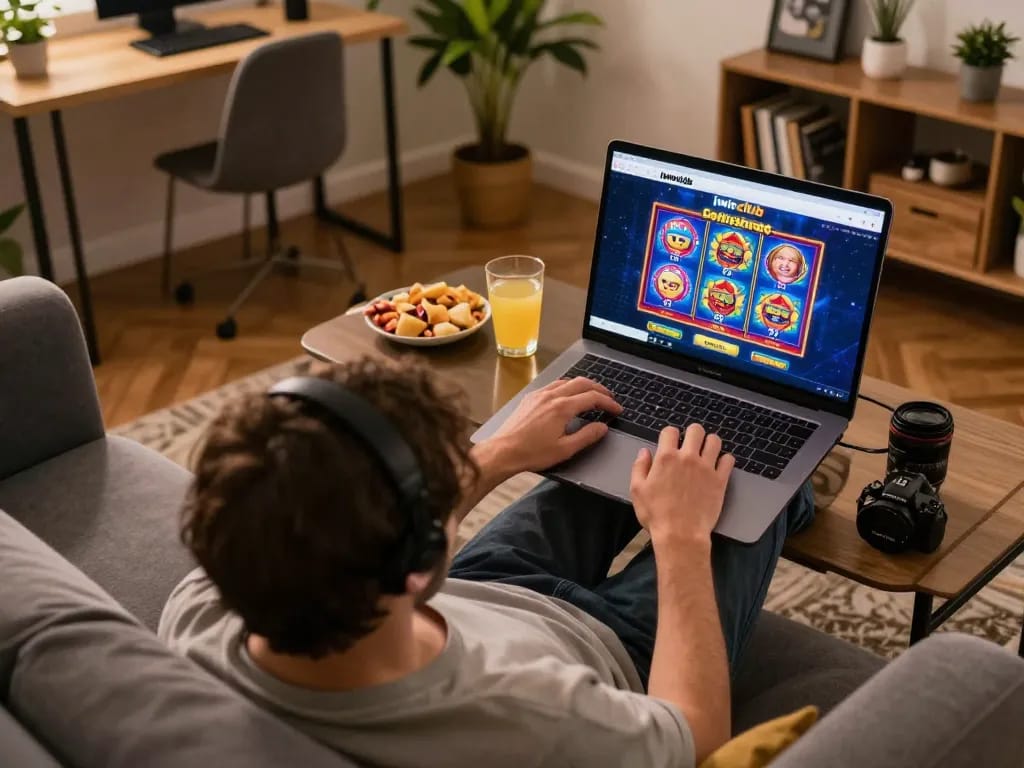 Engaging online gaming experience on iwinclub with a cozy home setup and vibrant screen.