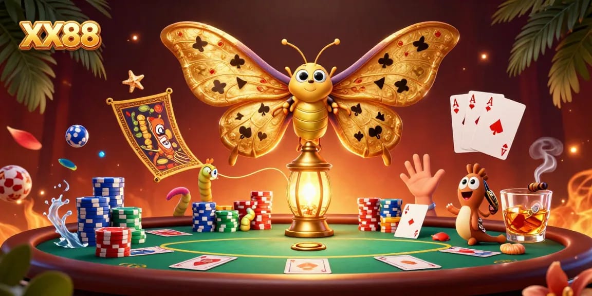 Engage in thrilling gaming with XX88 as a colossal moth graces a vibrant casino scene.