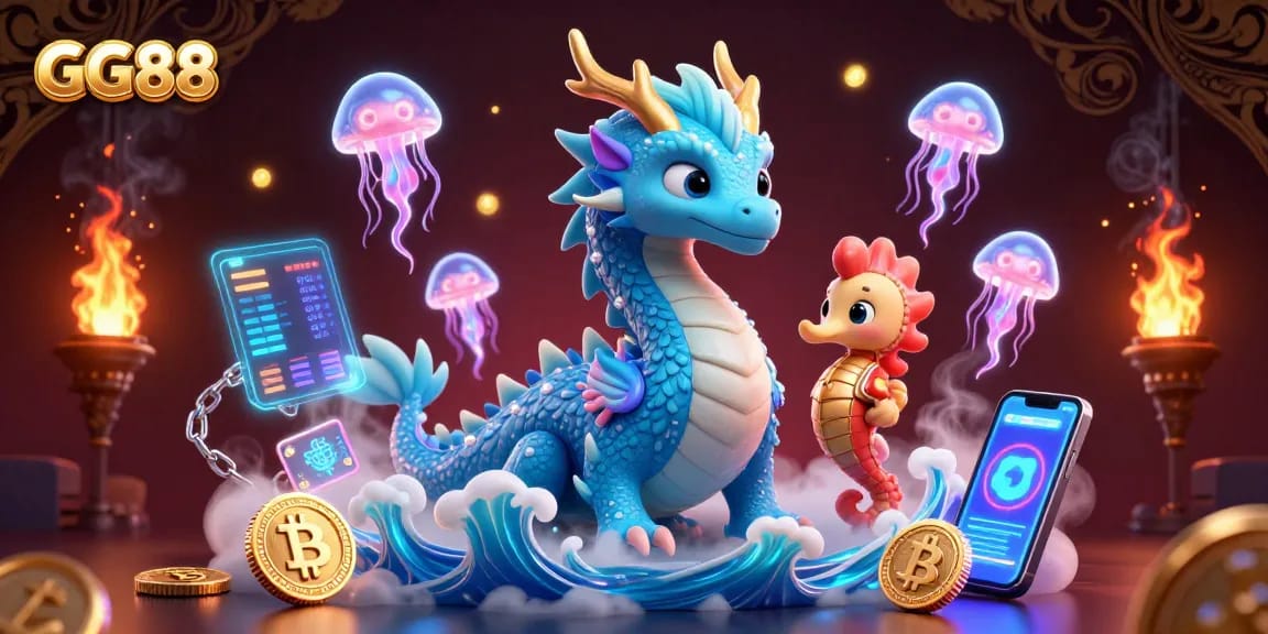 Experience the excitement of GG88, featuring a dynamic underwater scene with a dragon, knight, and jellyfish.
