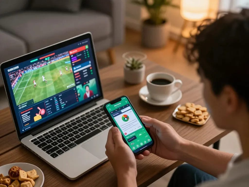 Engaging moment of online sports betting at lc88 with dynamic app interface and cozy surroundings.