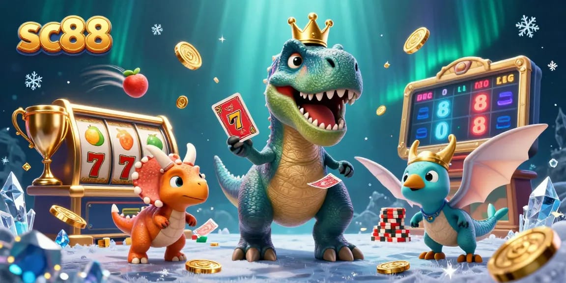 Engage in thrilling gameplay with SC88, featuring card shuffling T-Rex and stacking chips!