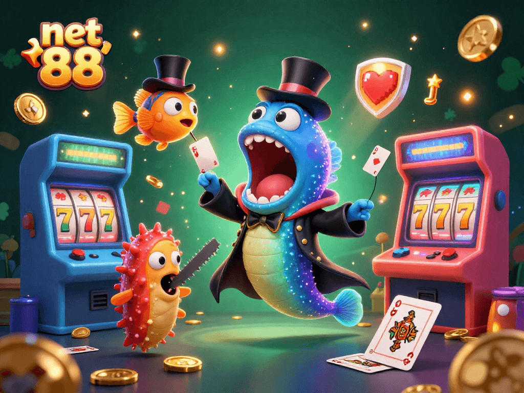 Watch the net 88 magical performance with a deep-sea eel and anglerfish in a lively casino scene.