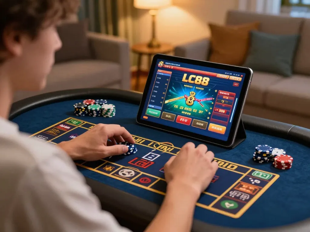 Person strategizing their betting on LC88's gaming app in a cozy home setting.