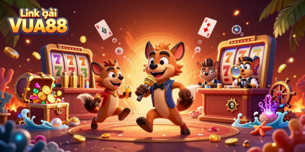 Experience the excitement of Link vào VUA88 with hyenas running a comedy casino club amidst vibrant slot themes.