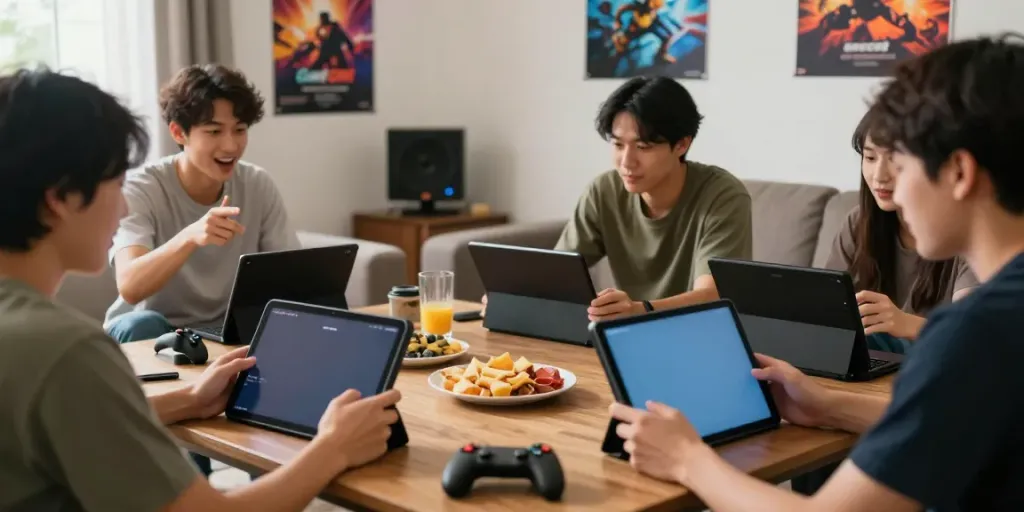 Friends enjoying Game GO88 in a lively gaming setup with tablets and snacks.