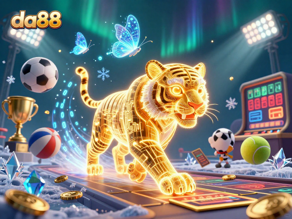 Engage with da88's vibrant digital casino landscape featuring a neon tiger and holographic butterflies.