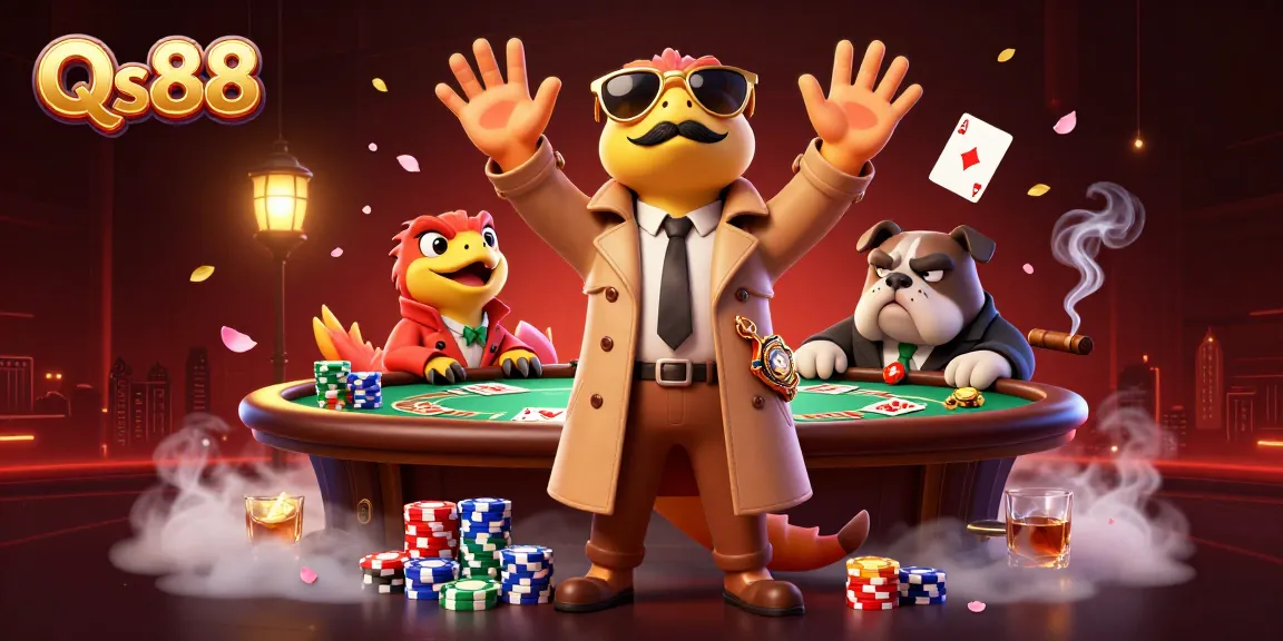 Experience the excitement at Qs88 with raptors in a trench coat attempting to enter a VIP lounge in this fun casino scene.